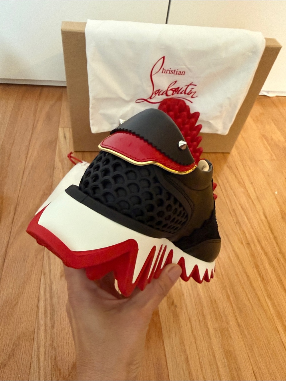 NEW Christian Louboutin Black Leather Womens Low-Top Sneakers with Red Outsole - Picture 5 of 7